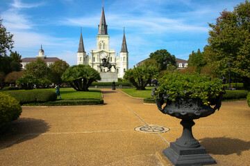 New Orleans, Louisiana, USA at Jackson Square and St. Louis Cathedral in the morning.