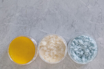 Body scrub. Coconut, sugar, citrus. Homemade spa care cosmetics. Place for text.