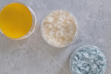Body scrub. Coconut, sugar, citrus. Homemade spa care cosmetics.