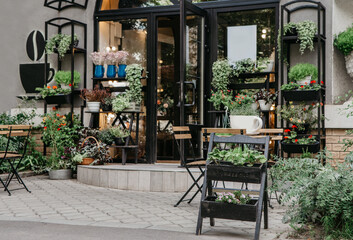 Fototapeta na wymiar Garden natural eco cafe outdoor at spring and summer season