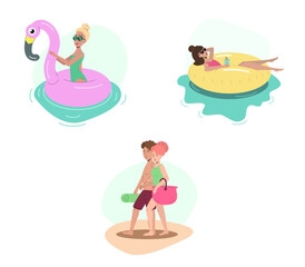 Young people at beach set isolated on white background. Couple is walking on the beach, girl swimming with pink inflatable flamingo, woman swimming on inflatable ring with drink. Summertime vector.