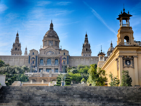 Spain square or Placa De Espanya during morning golden hour, with the National Museum, in Barcelona, Spain.