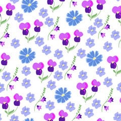 Seamless pattern of violets tricolor and bells