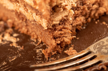 Chocolate cake and a metal fork. Close-up, selective focus.
