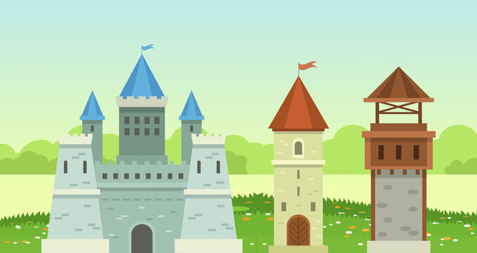Castle medieval tower. The fairytale medieval tower,princess castle, fortified palace with gates, medieval buildings, historical towered house cartoon on background of beautiful nature