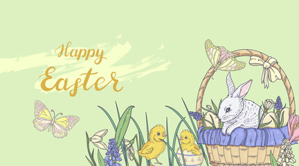 Horizontal Easter banner with bunnies, chickens and spring flowers
