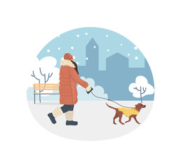 Active people in winter city park. Winter time. Girl walks with dog in winter city park. Outdoor winter activities and sport cartoon vector