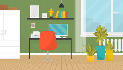 Cool modern teenager or home office room interior with table, chair, cupboard, computer, books and window in flat style. Vector illustration.