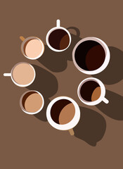 all kinds of coffee drinks. Top view on the table. Coffee in the morning before work. Poster, vector illustration