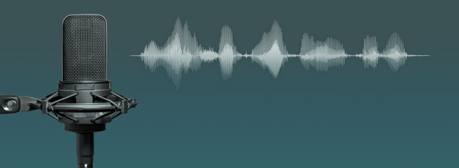 Studio microphone or mic recording with soundwaves on gradient background. Sound banner with copy...