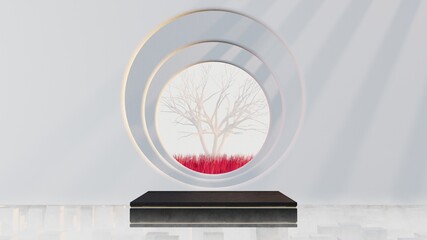 Outdoor architecture environment with tree and red grass mockup