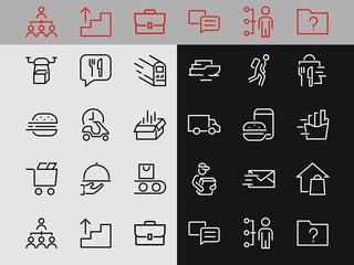 PIZZA DELIVERY, and Food Icon Set Vector thin line, contains courier, home delivery, food ordering, fast transport, drone, ship, car, editable stroke. ICONS circuits