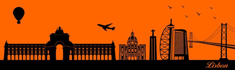 Vector city skyline silhouette - illustration, 
Town in orange background, 
Lisbon Portugal