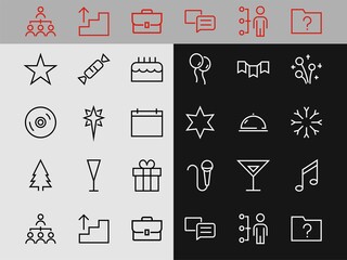 Simple set of celebration icons related to vector line. Contains icons such as music, new year, stars, balls, cake, karaoke, dj and much more. Editable stroke. 480x480
