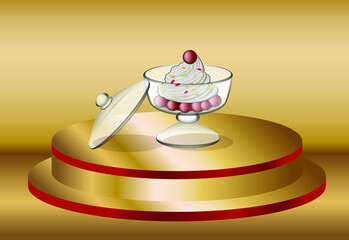 Vector illustration of dessert in glass vase on Golden podium, Royal Breakfast