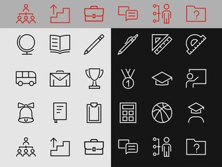 A simple set of school items. Contains icons such as student, award, geography, physical education, geometry and more. On white background. Editable stroke. 480x480