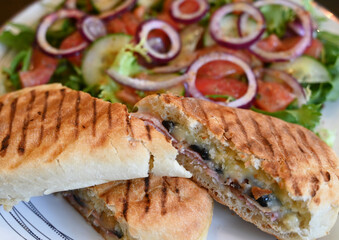 Cheese, bacon and mushrooms  panini with salad on a plate