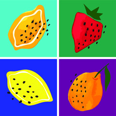 vector trendy bright illustration of hand drawn watercolor summer fruits isolated on color background. can be used as an advertisement for fruits, fruit juices, for various types of printing, design