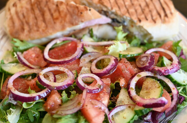 Cheese, bacon and mushrooms  panini with salad on a plate