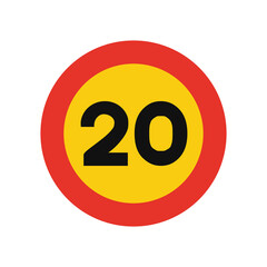 Rounded traffic signal in yellow and red, isolated on white background. Temporary speed limit of twenty