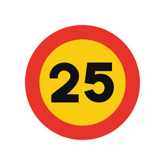 Rounded traffic signal in yellow and red, isolated on white background. Temporary speed limit of twenty five