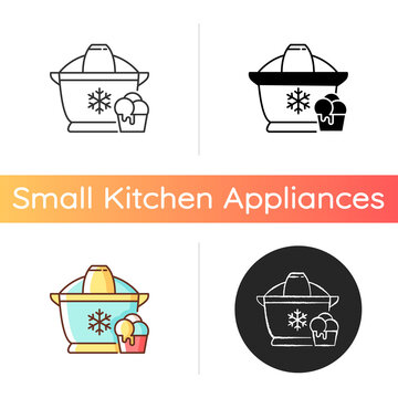 Ice Cream Maker Icon. Freezer Gadget. Electrical Utensil For Home Treat Preparation. Icecream Machine. Small Kitchen Appliance. Linear Black And RGB Color Styles. Isolated Vector Illustrations