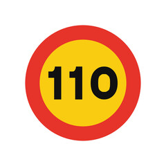 Rounded traffic signal in yellow and red, isolated on white background. Temporary speed limit of one hundred and ten