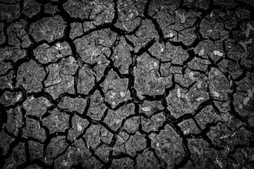 The dark ground is dried and cracks background. The black soil dry land cracked ground surface. landscape, poor soil.