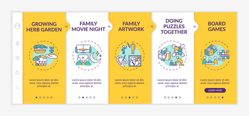 Indoor family activities onboarding vector template. Growing herb garden. Family movie night. Responsive mobile website with icons. Webpage walkthrough step screens. RGB color concept
