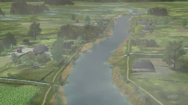 birds eye view of a medieval settlement along a river