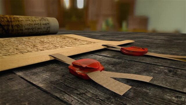 medieval document with stamp on seal of red wax