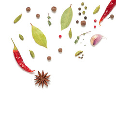 Various spices isolated on white background. Top view, flat lay. Creative layout.