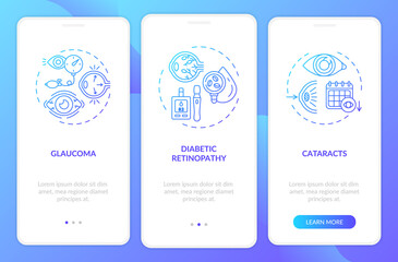 Fototapeta na wymiar Adults eyes diseases onboarding mobile app page screen with concepts. Curing eyes diseases process walkthrough 3 steps graphic instructions. UI vector template with RGB color illustrations
