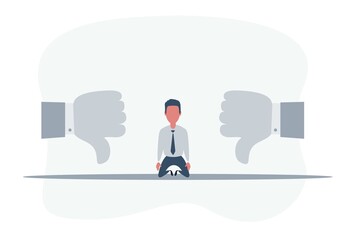 Thumbs down, dislike concept. Businessmanon the knees.