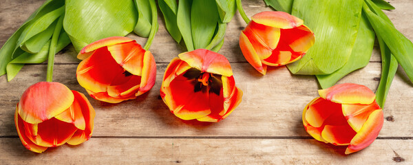 Obraz na płótnie Canvas Festive bouquet of fresh tulips on vintage wooden table