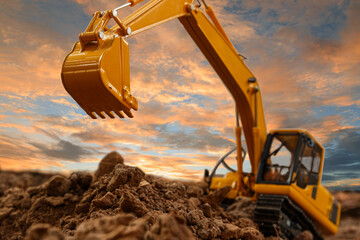 Selective focus ,Excavator with Bucket lift up are digging the soil in the construction site on the sky  background