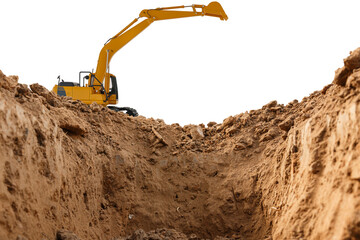Excavators are digging the soil in the construction site with bucket lift up on white background