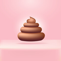 Vector chocolate sweet poop icon isolated on abstract soft cute pink studio table background. Cartoon funky pile of poo sticker for your design