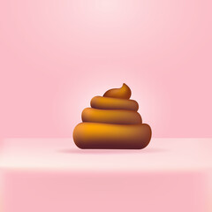 Vector chocolate sweet poop icon isolated on abstract soft cute pink studio table background. Cartoon funky pile of poo sticker for your design