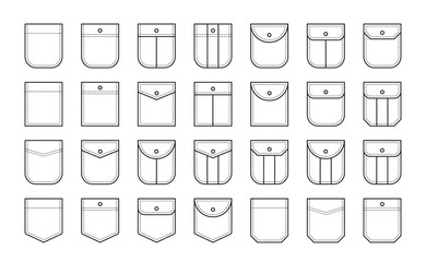 Fototapeta Set of patch pocket icons for shirts and other clothing. Isolated line vector illustration on white background obraz