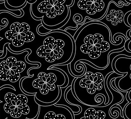 Abstract graphic vector seamless pattern with hand drawn figured ornamental lines, flowers and doodles