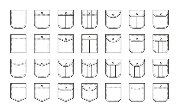 Set of patch pocket icons for shirts and other clothing. Isolated line vector illustration on white background