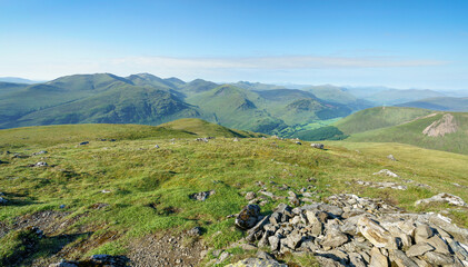 Views of the mountain summits of Meall Garbh, An Stuc, Ben Lawers, Beinn Ghlas and Meall Corranaich from the top of Carn Gorm in the Scottish Highlands, UK landscapes.