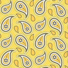 Paisley seamless pattern design on yellow background with gray elements