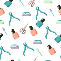 Seamless pattern with manicure tools and nail polishes