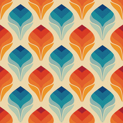 Retro seamless flower pattern design - orange and blue toned nostalgic repeat background for textile, wallpaper, and wrapping paper