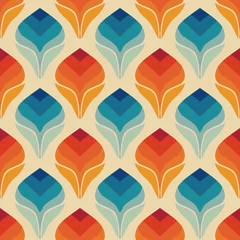 Fototapete Farbenfroh Nahtloses Blumenmuster im Retro-Stil - orange und blau getönter nostalgischer Wiederholungshintergrund für Textilien, Tapeten und Packpapier