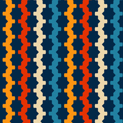 Retro seamless pattern - colorful nostalgic repeat design on navy blue background for textile, wallpaper, and wrapping paper