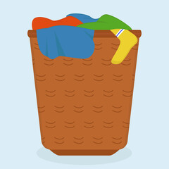 Laundry brown basket in bathroom. Dirty clothes ready to washing. Flat vector illustration