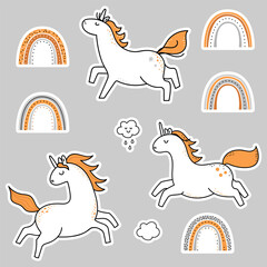 Set of rainbow unicorn stickers. 